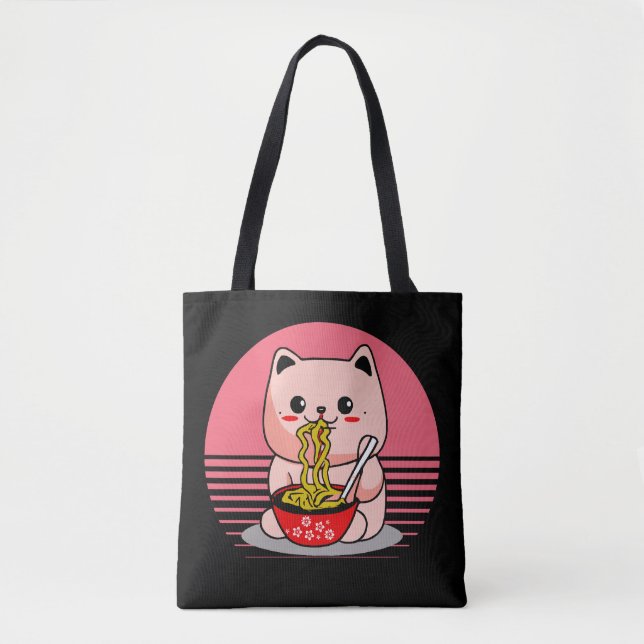 Bolsa Tote Gato Kawaii bonito comendo rêmen (Frente)
