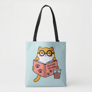 Bolsa Tote Gato Kawaii bonito lendo um livro