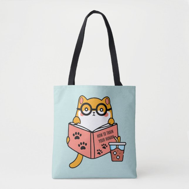 Bolsa Tote Gato Kawaii bonito lendo um livro (Frente)
