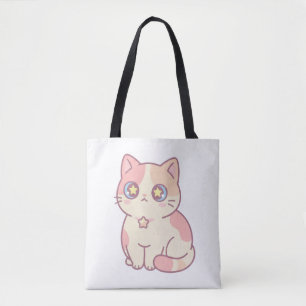 Bolsa Tote Gato Kawaii Fofo com Ilustração de Desenho Animado
