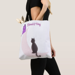Bolsa Tote Gato Kawaii Fofo na Lua com Borboleta Personalizad