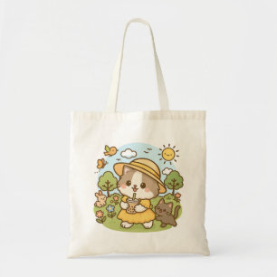 Bolsa Tote Gato Kawaii Gelado Bebendo de Vestido Amarelo Chá