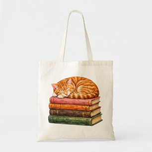 Bolsa Tote Gato Laranja Fofo Dormindo em Pilha de Livros