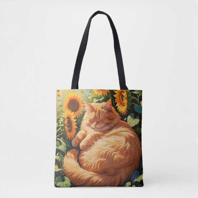 Bolsa Tote Gato Laranja Gordo Sonolento com Girassóis (Frente)