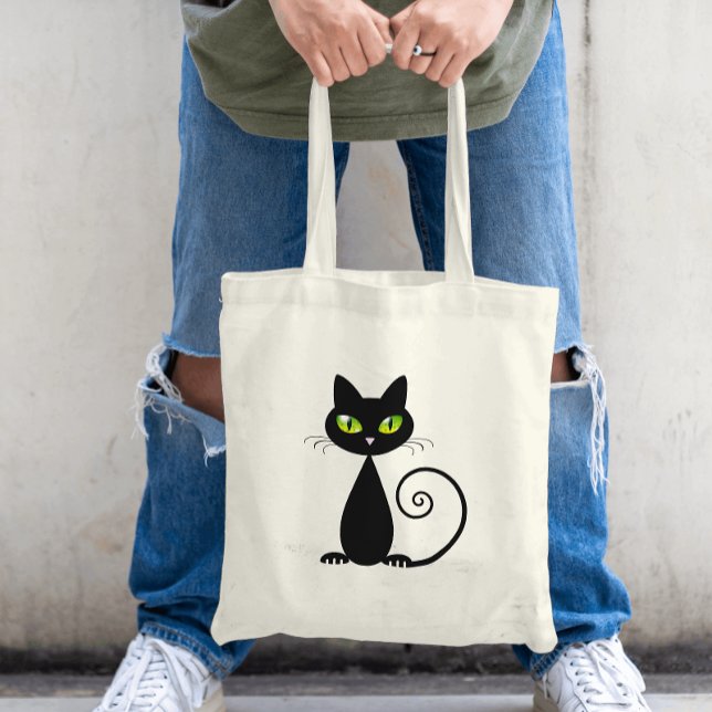 Bolsa Tote Gato Legal Sentado Bonito Preto com Olhos Verdes (Criador carregado)