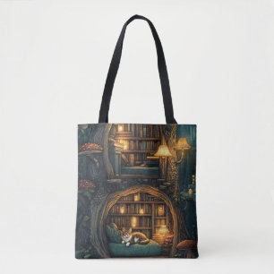 Bolsa Tote Gato Louco em uma Biblioteca do Armazém de Magia