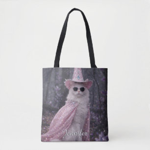 Bolsa Tote Gato Mágico Feiticeiro em Capa e Chapéu Rosa Brilh