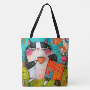 Bolsa Tote Gato Mal-Humorado Bebendo Café na Poltrona