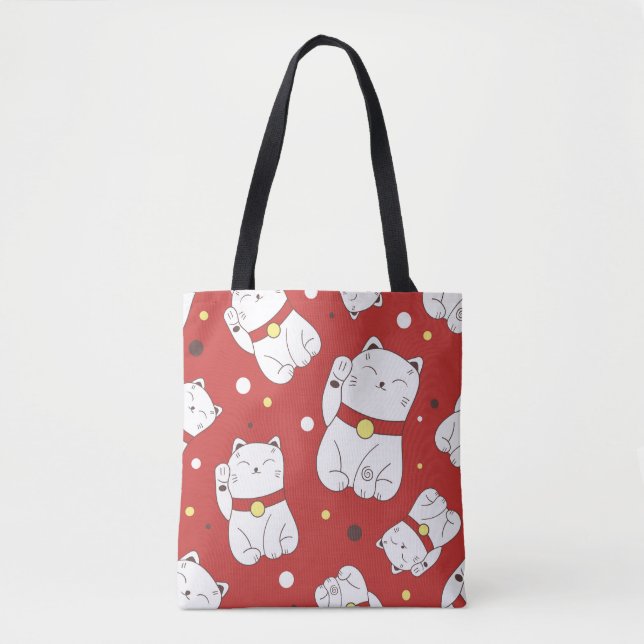 Bolsa Tote Gato Maneki-Neko, padrão de rabiscos japoneses. (Frente)