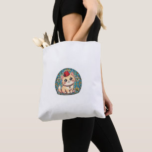 Bolsa Tote Gato Marroquino Kawaii Fofo com Adesivo Tarboush V