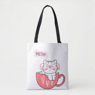 Bolsa Tote gato miando numa xícara