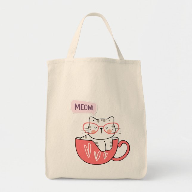Bolsa Tote gato miando numa xícara (Frente)