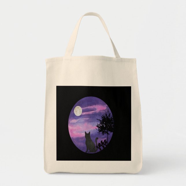 Bolsa Tote Gato Místico Sob a Lua – Água Noturna Roxa Sonhado (Frente)