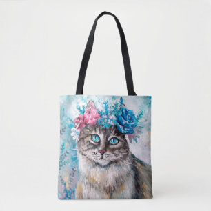 Bolsa Tote Gato na pintura de óleo de coroa floral na canvas.
