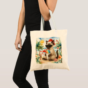 Bolsa Tote Gato Natal temido no Natal da praia em julho