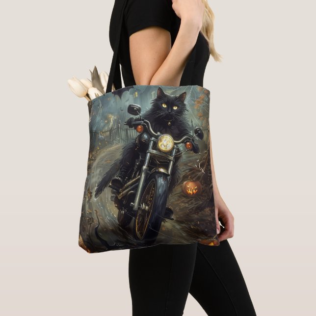 Bolsa Tote Gato Negro Andando Motocicleta Assustador (Close Up)