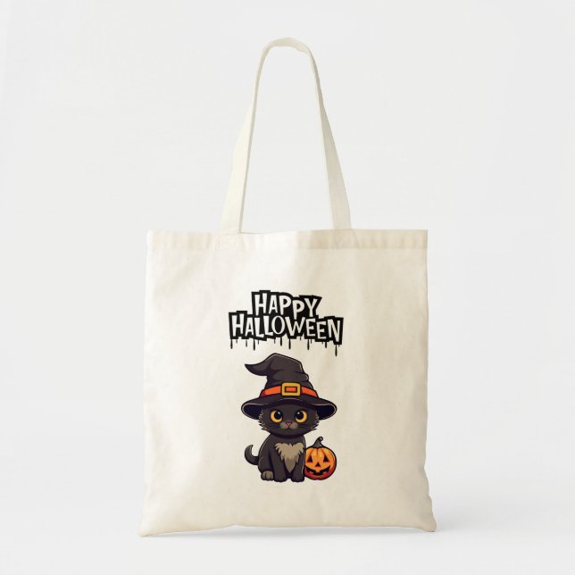 Bolsa Tote Gato Negro Assustador Bonito Com Pumpkin Jack O La (Frente)