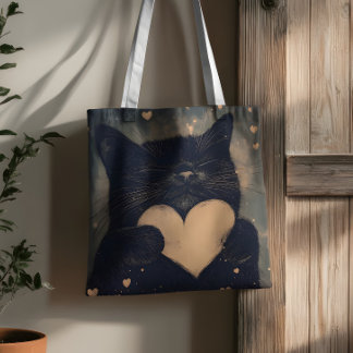 Bolsa Tote Gato Negro com Coração Ouro - Amor Louco de Gato