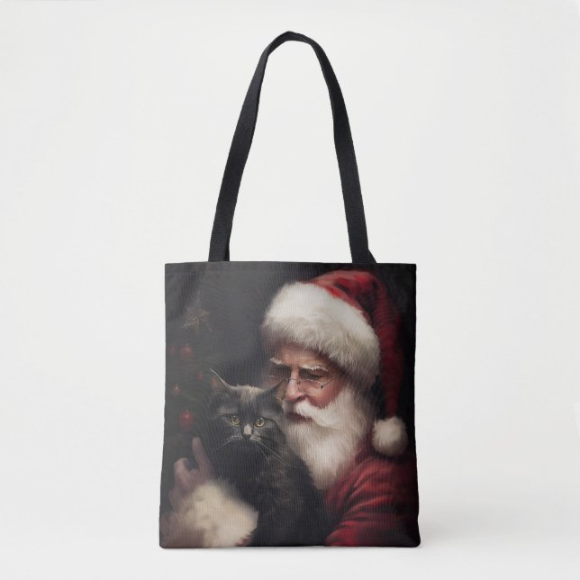 Bolsa Tote Gato Negro com Papai Noel Natal Festivo (Frente)