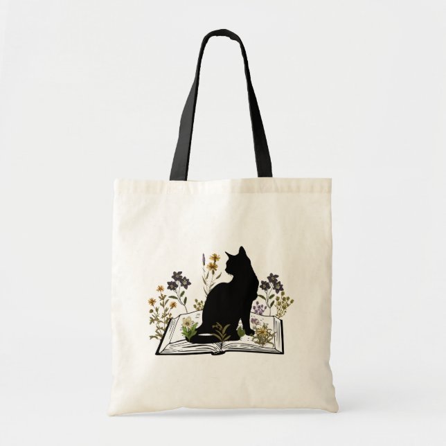 Bolsa Tote Gato Negro com saco de toalha de Livro Floral (Frente)