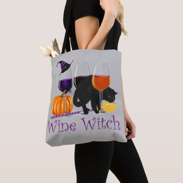Bolsa Tote Gato Negro de Bruxa de Vinho das Halloween (Close Up)