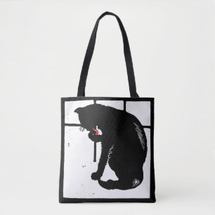 Bolsa Tote Gato Negro de Corte de Madeira Vitoriano em Saco