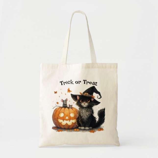 Bolsa Tote Gato Negro de Halloween no Truque de Chapéu de Bru (Frente)
