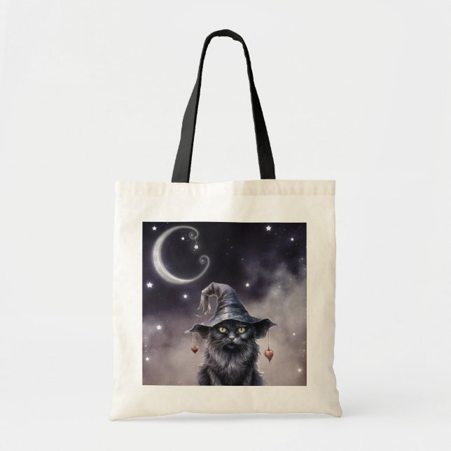 Bolsa Tote Gato Negro de Halloween Vestindo um Chapéu de Brux (Frente)