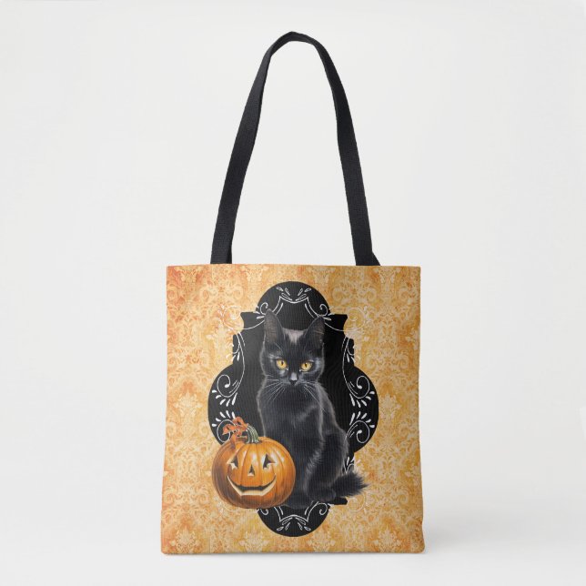 Bolsa Tote Gato Negro e Abóbora do Halloween (Frente)