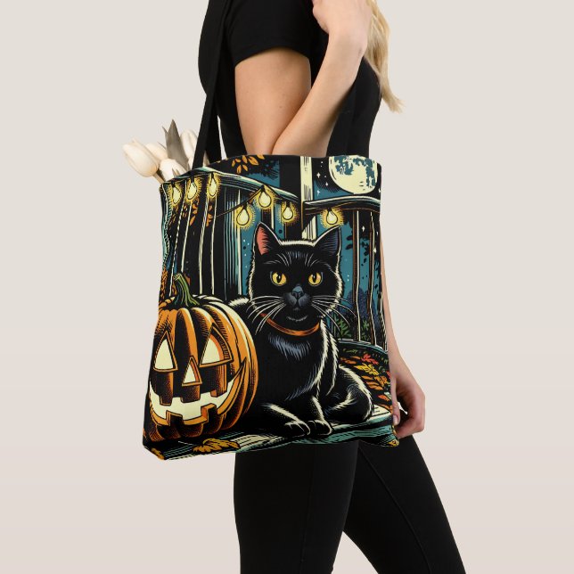 Bolsa Tote Gato Negro e Jack-O-Lanterna Halloween (Close Up)