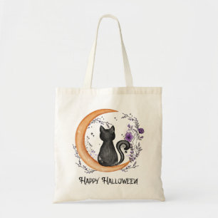 Bolsa Tote Gato Negro e Lua Crescente para Feliz Halloween