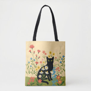 Bolsa Tote Gato Negro Entre Flores Selvagens Coloridas - Cott