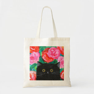 Bolsa Tote Gato Negro Floffy Bonito com Rosas Vermelhas e Ros