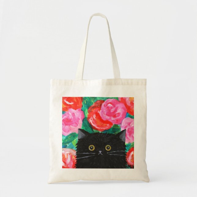 Bolsa Tote Gato Negro Floffy Bonito com Rosas Vermelhas e Ros (Frente)