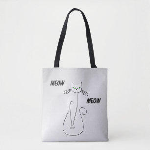 Bolsa Tote Gato Negro linchado Miau Olhos Verdes em Prata