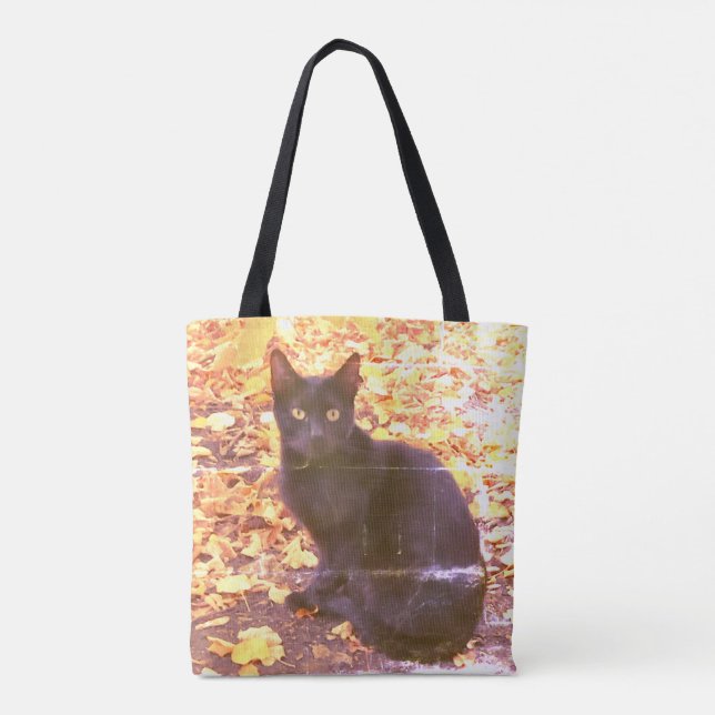 Bolsa Tote Gato Negro na Foto do outono (Verso)