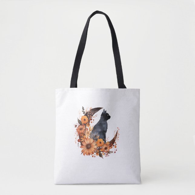 Bolsa Tote Gato Negro Na Lua Floral Pumpkin Black Cat Hallowe (Frente)