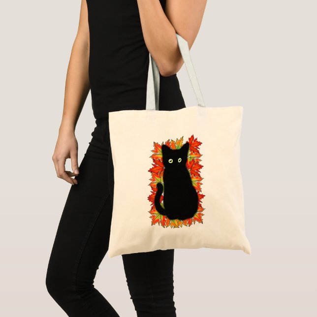 Bolsa Tote Gato negro, padrão das folhas do outono, diversão  (Frente (produto))