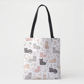 Bolsa Tote Gato Pastel Fofo & Padrão Floral