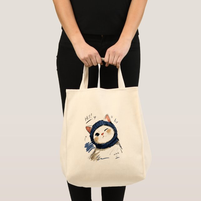 Bolsa Tote Gato Piscando com Cachecol de Tricô Aconchegante (Frente (produto))