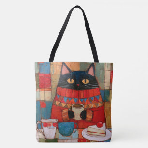 Bolsa Tote Gato Preto Aconchegante Bebendo Café No Café