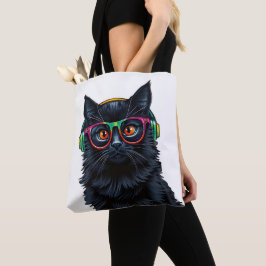 Bolsa Tote Gato preto bonito com óculos e fones de ouvido
