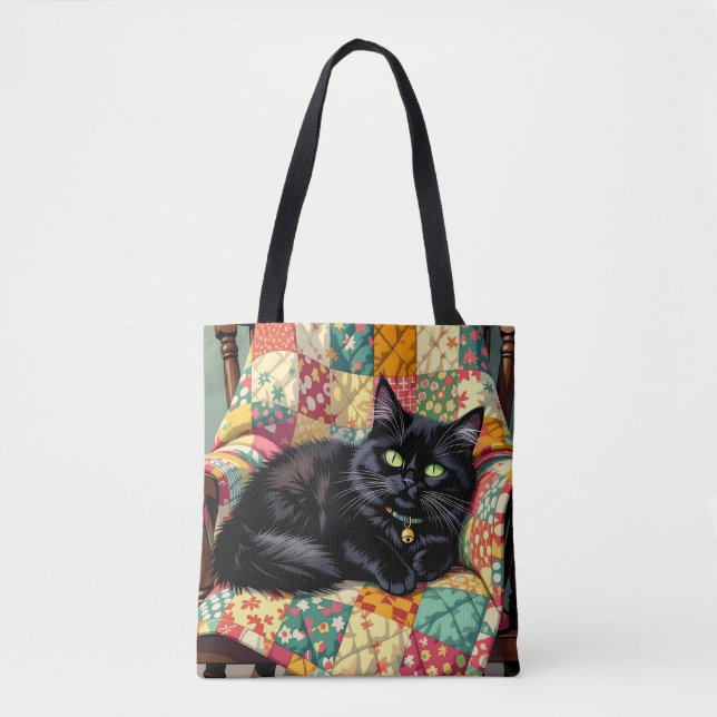 Bolsa Tote Gato Preto Bonito na Cadeira Rochosa (Frente)