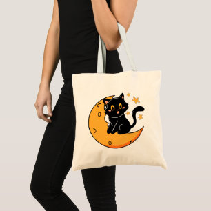 Bolsa Tote Gato preto bonito sentado na lua
