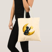 Gato Preto Caprichoso em Aquarela na Lua Crescente