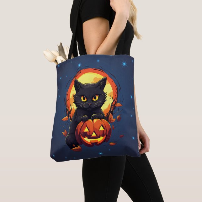 Bolsa Tote Gato Preto com Abóbora de Halloween (Close Up)