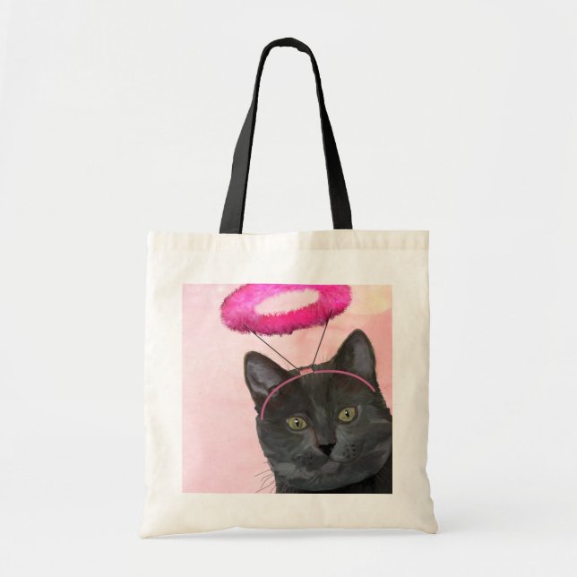 Bolsa Tote Gato Preto com Anjo Rosa Halo (Frente)