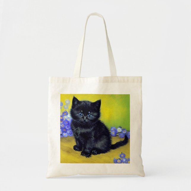 Bolsa Tote Gato Preto com Flores Roxas de Van Gogh (Frente)