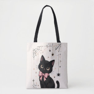 Bolsa Tote Gato Preto com Laço Rosa Fofo Teia de Aranha