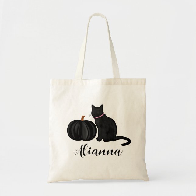 Bolsa Tote Gato Preto Com Nome Personalizado De Abóbora Preto (Frente)